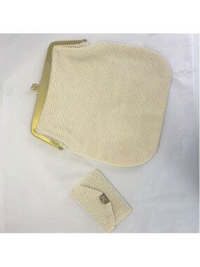Vintage Handbag Cream Clutch Handbag Faux beads, Matching Change Purse Mini